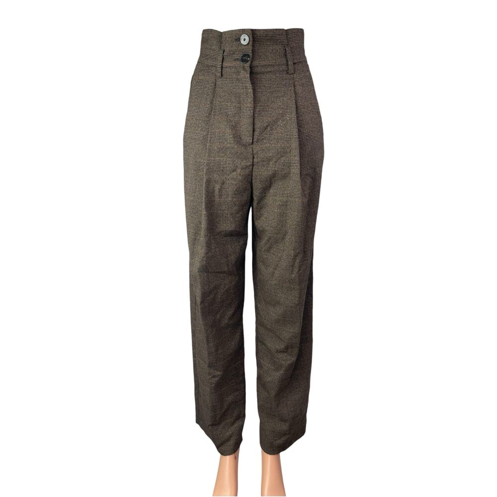 Mango Suit Plaid High Rise Pleated Carrot Barrel Tapered Trousers Dress Pants S